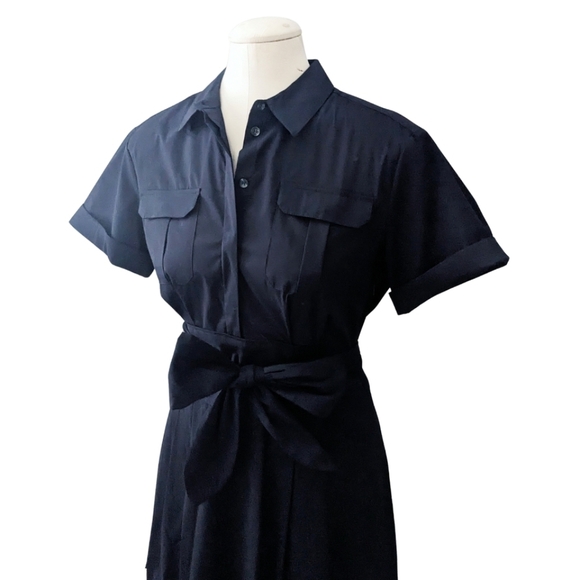 Cynthia Steffe Maya Tie Waist Fit Flare Shirtdress Navy Blue Career Size 6 - Picture 3 of 13